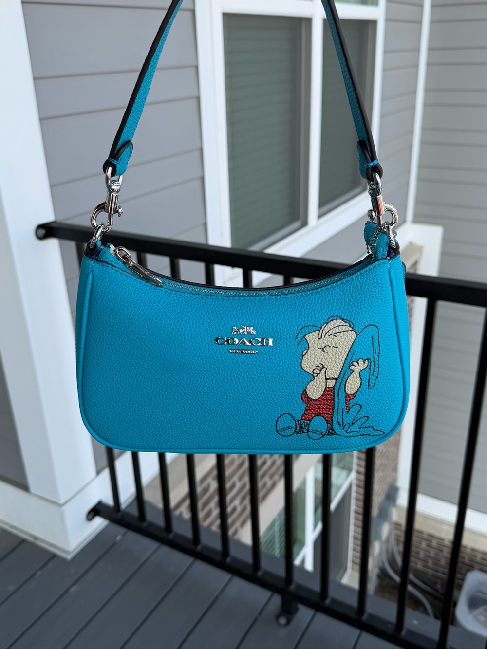 COACH Teal Pebbled Leather Shoulder Bag with Graphic